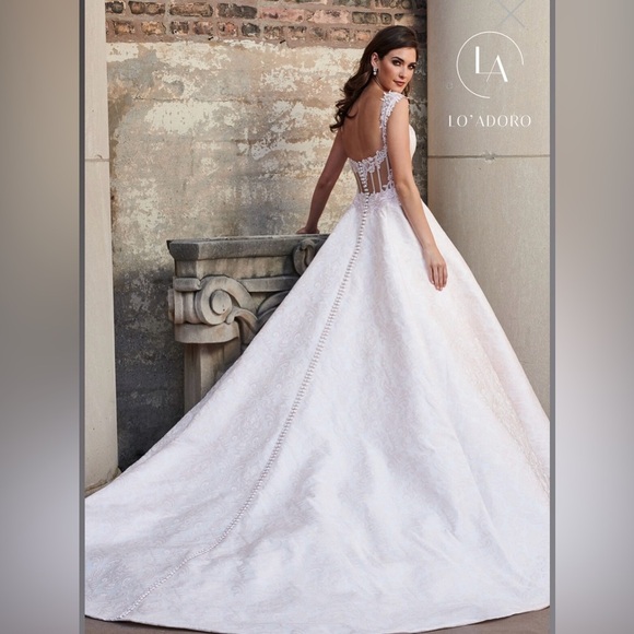 LO’ ADORO Nude Blush Corset Bodice Brocade Elegant Lace Wedding Dress - Picture 11 of 16